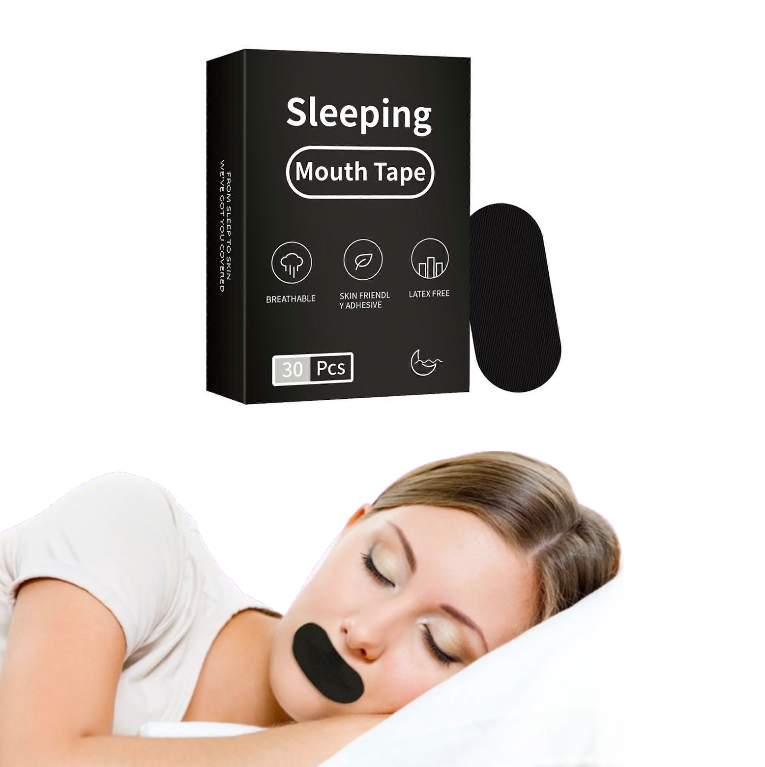 Förpackning av BreatheEase muntejp samt kvinna som sover med muntejp för att minska snarkning