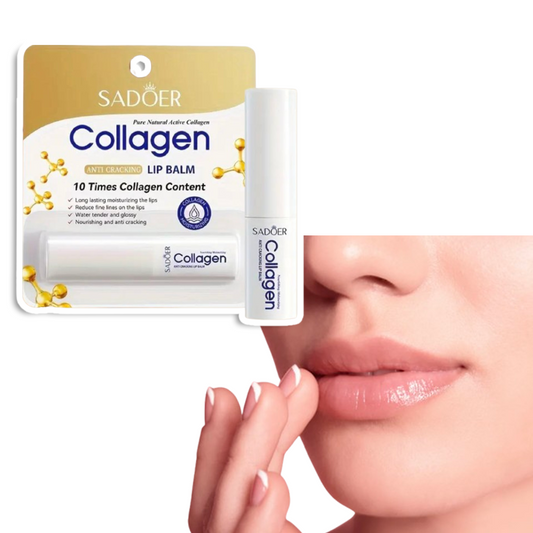Kollagen läppbalsam i förpackning och applicerat på läppar