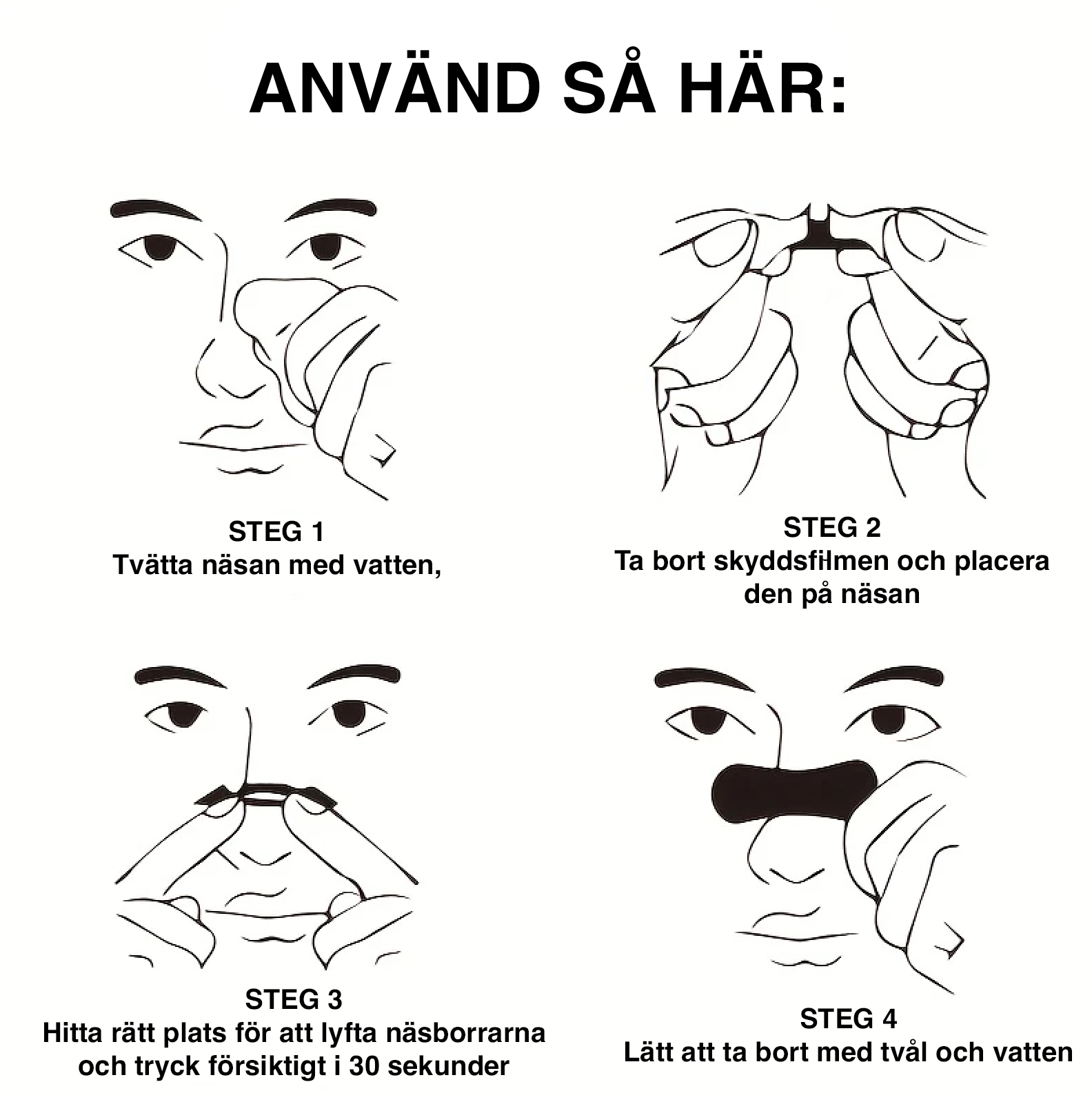 Illustration som visar fyra steg för hur man använder en näsremsa: tvätta näsan, ta bort skyddsfilm, placera remsan över näsan och ta bort med vatten.