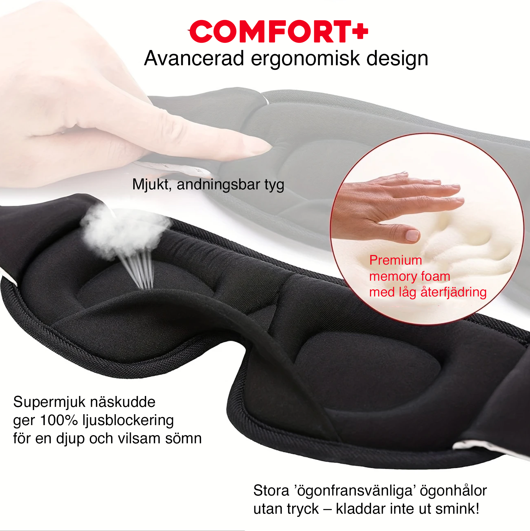 3D sovmask med ergonomisk design och memory foam.