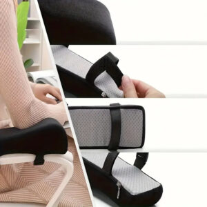 Ergonomiska armstödskuddar i minnesskum med kardborre, visade i närbild och i användning på kontorsstol